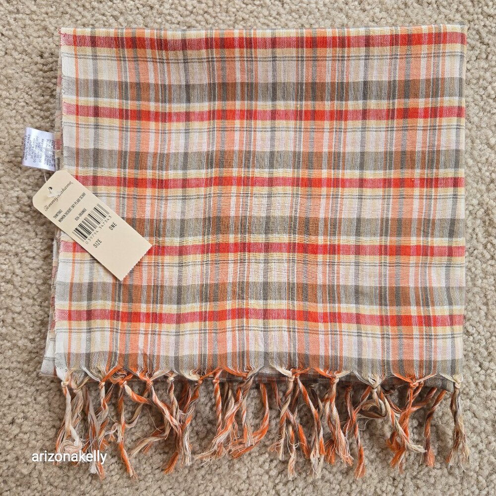 NWT Tommy Bahama Cotton Plaid Scarf Desert Sky Orange